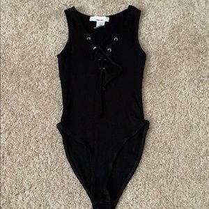 Sleeveless Ribbed Tie Front Black Bodysuit